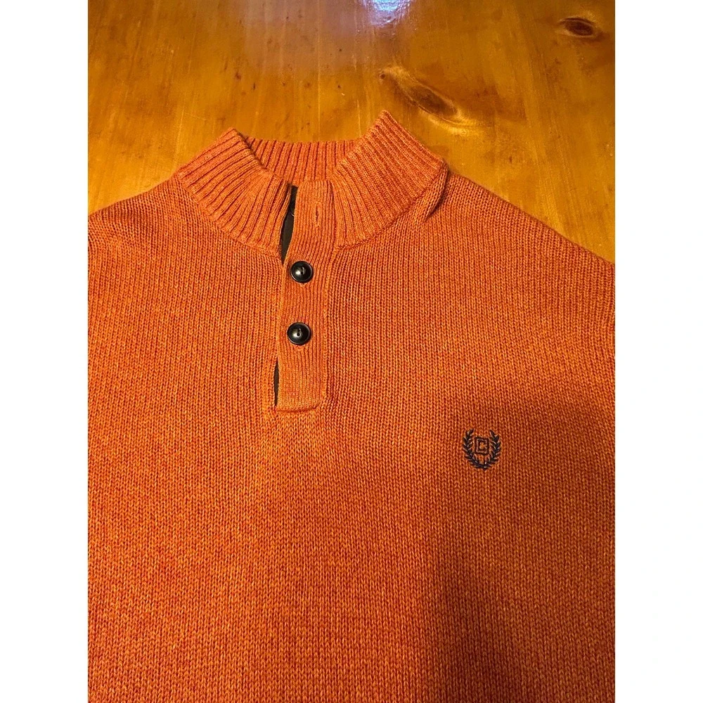 Chaps Preppy Gorpcore Fall Orange Cotton Mock Neck Henley Sweater Elbow Patches